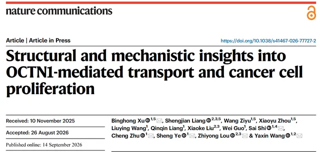 天津大学医学部生命科学学院叶升/徐冰红/王亚鑫团队Nature Communications发文：解析人源OCTN1结构与转运机制