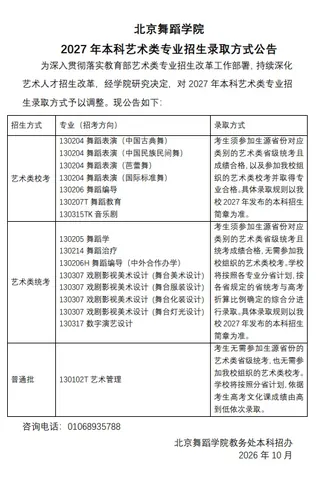 北京舞蹈学院2027年本科艺术类专业招生录取方式公告