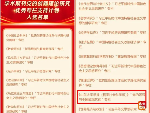 《山东大学学报（哲社版）》“党的领导与中国式现代化”专栏入选中宣部学术期刊党的创新理论研究优秀专栏支持计划