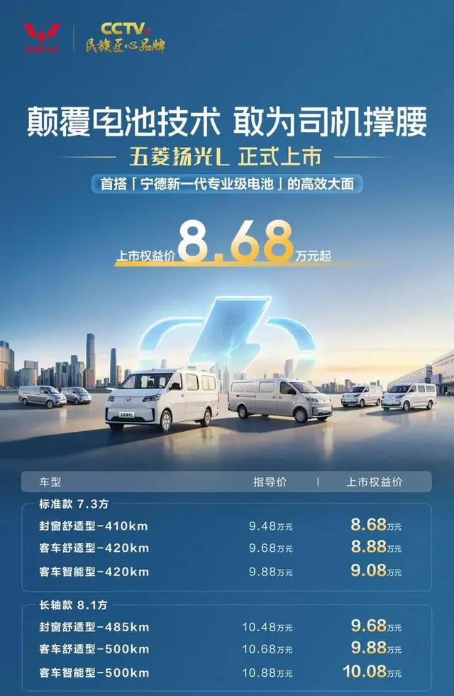 五菱扬光L轻客上市：首搭宁德新一代专业级电池，权益价8.68万元起