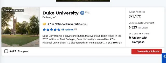杜克大学全美大学最新排名中位列第七